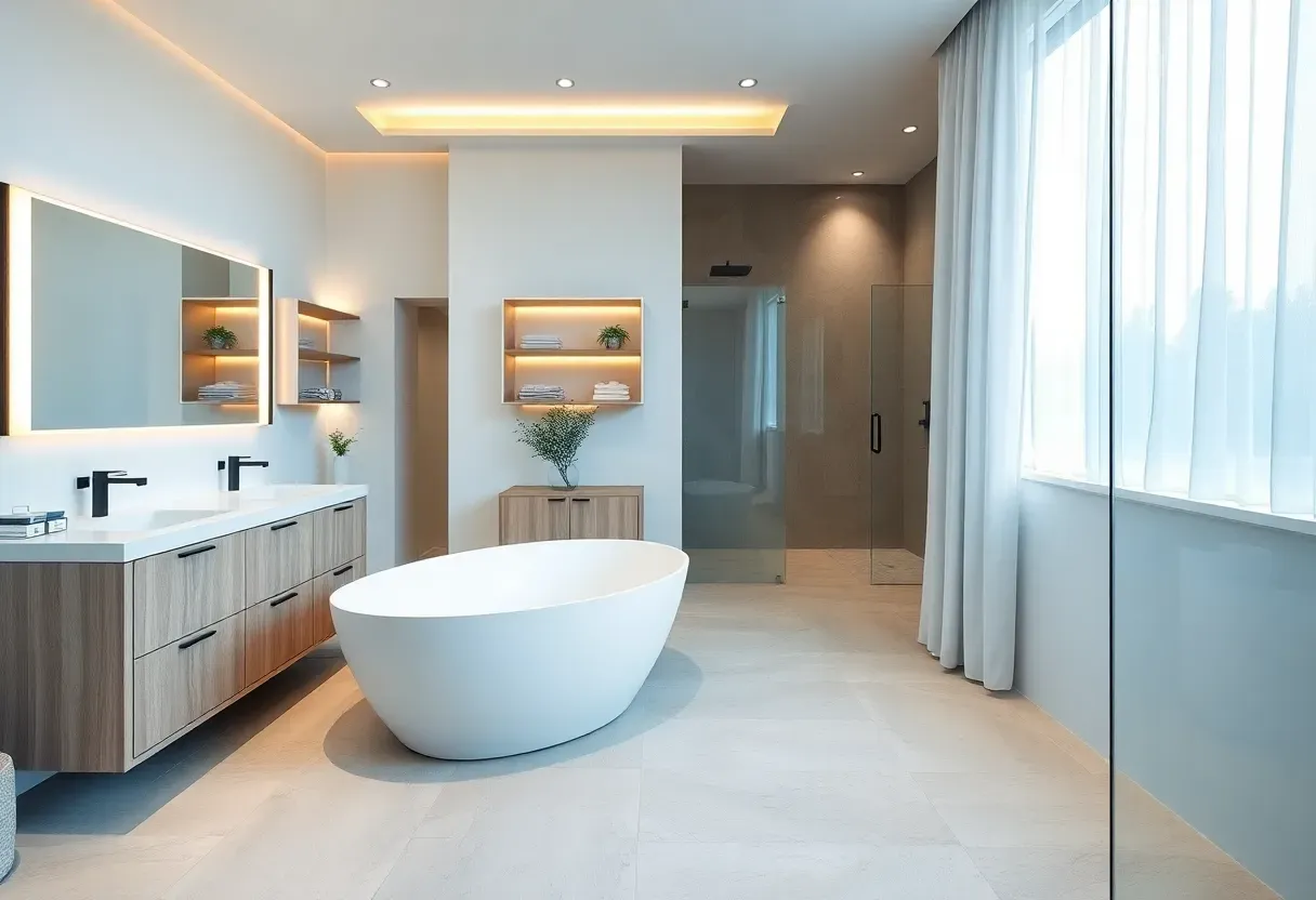 Collage of 27 bathroom decor ideas for renters showing neutral tiles, floating shelves, plants, and soft lighting in a small apartment bathroom