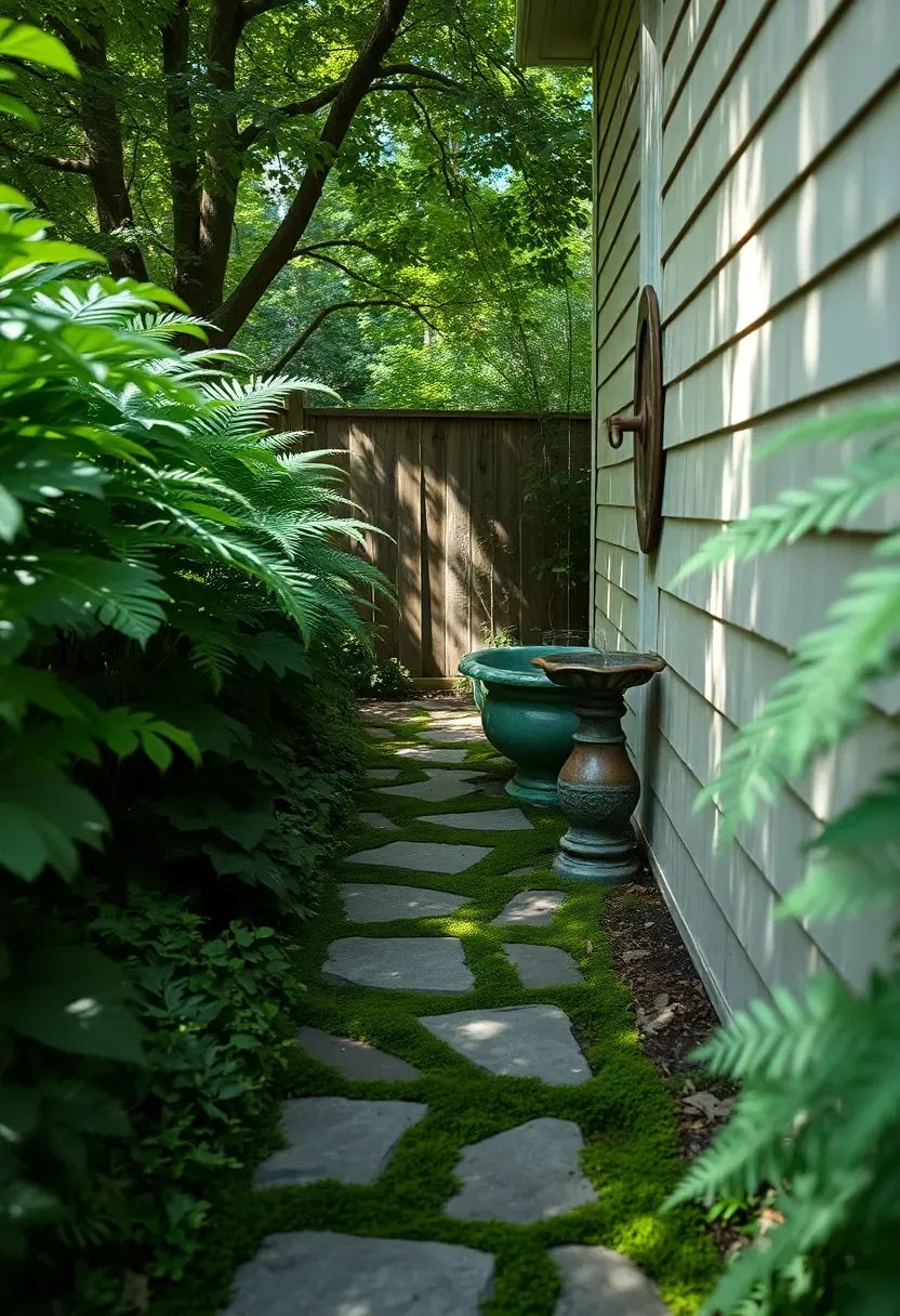 Narrow side yard transformed into a passage garden with a single-file stepping stone path through ferns and hostas under dappled shade with a small wall fountain at the end