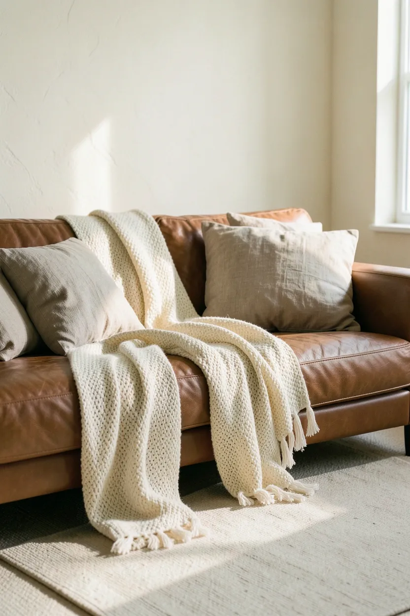 Cream linen throw and two beige pillows draped casually over a brown couch in a minimalist apartment living room