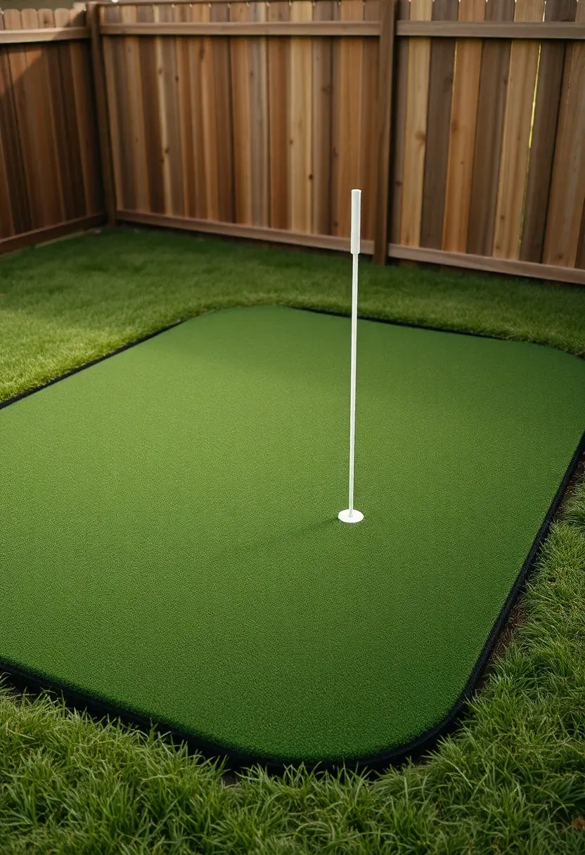 Rectangular synthetic putting green on flat ground in a fenced suburban backyard with two flag pins