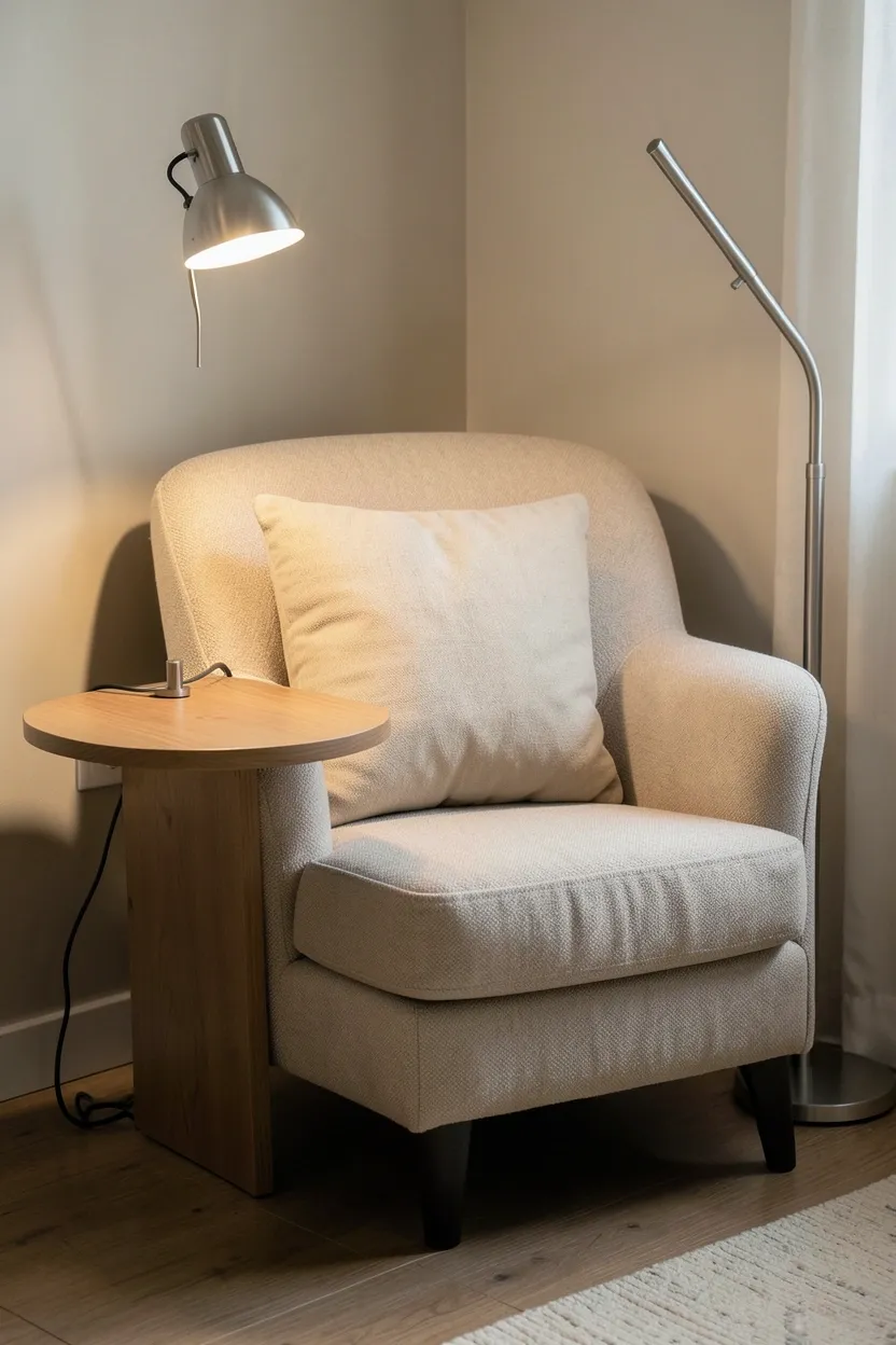 Compact diaper station with three-tier rolling cart organized for diapers, wipes, and creams beside a bassinet in a master bedroom corner