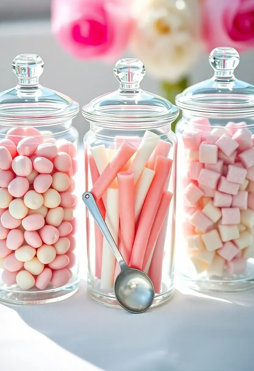 glass apothecary jars filled with pastel colored candies and sweets arranged as a baby shower table centerpiece