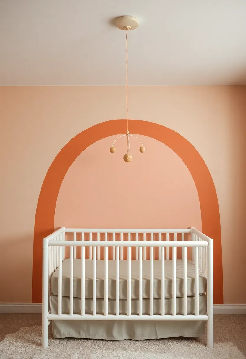 Hand-painted arch mural in soft desert sunset tones of peach and terracotta on a basement nursery accent wall