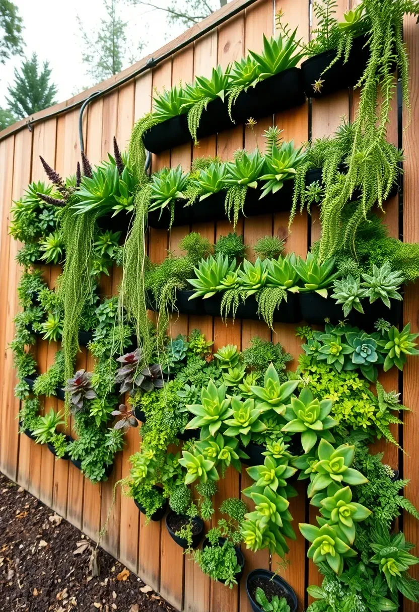 Backyard fence completely covered with a vertical living wall system of succulents, ferns, and trailing plants in a modular grid pattern