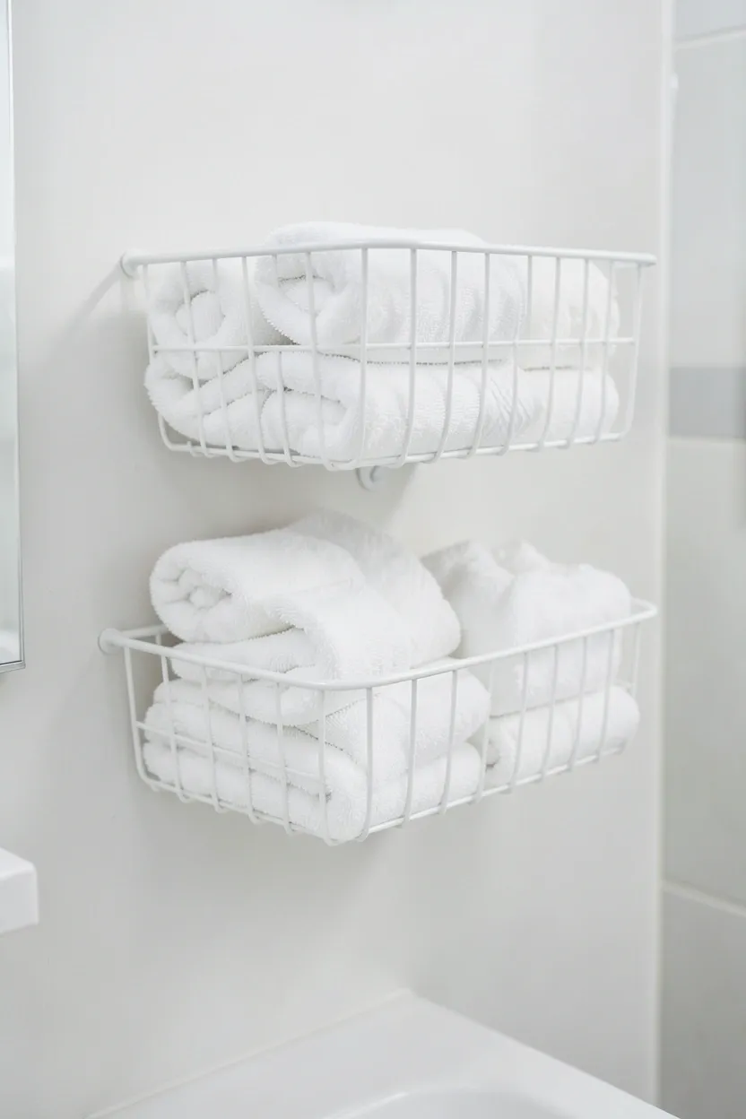 Woven floating storage baskets mounted on a white bathroom wall, holding rolled towels and toiletries in a renter-friendly arrangement