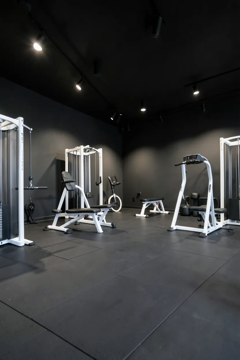 Black painted ceiling with recessed track lighting creating even directional illumination across a dark home gym space