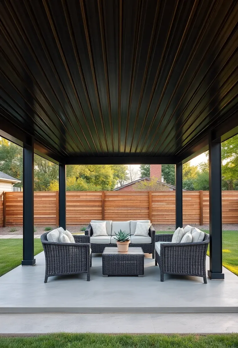 A backyard pavilion with a standing-seam metal roof in dark bronze, supported by painted steel columns on a concrete slab, with outdoor furniture beneath