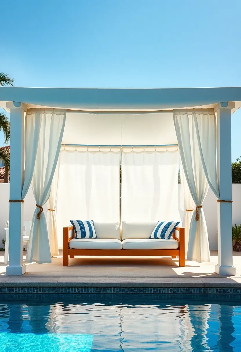 Poolside cabana with white curtains on all sides, a daybed inside, and a flat fabric roof providing full shade