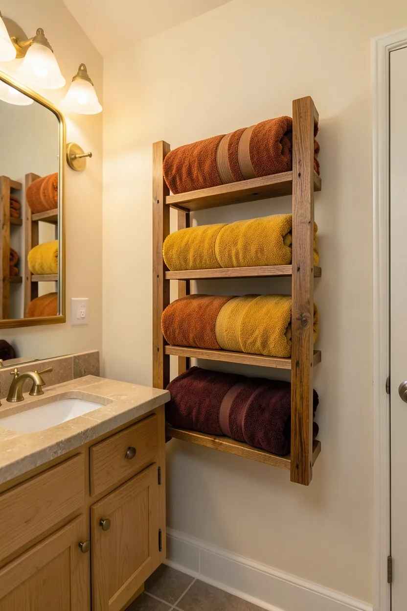 Hyper-realistic 3/4 view of bathroom with textured towel storage display. Wall-mounted rustic wooden rack with three shelves holds neatly folded towels in autumnal colors: top shelf with burnt orange, middle with mustard yellow, bottom with deep burgundy. Wooden rack features visible natural grain and warm amber tones. Light oak vanity with stone top below. Warm cream walls with warm gray floor tiles. Brass fixtures. Warm ambient lighting from sconces. Mirror with brass frame. Clean surfaces. No text, no logos, no watermarks.</p>