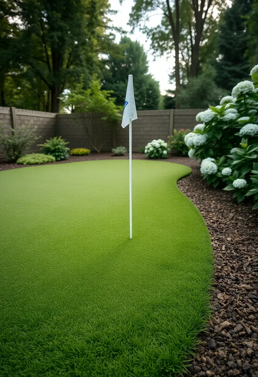 Kidney-shaped backyard putting green with manicured fringe grass and a single flagstick near a garden bed