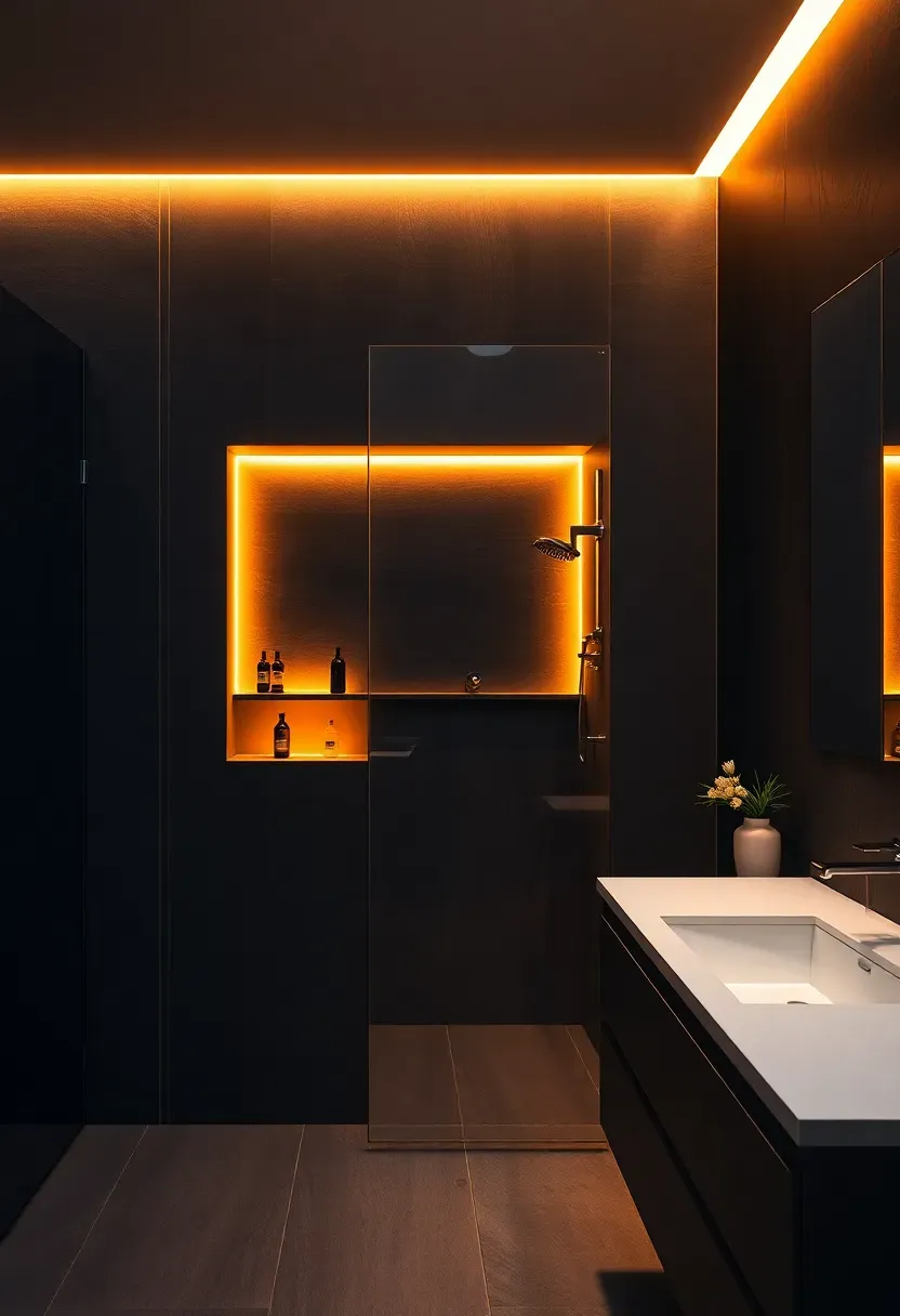 Backlit bathroom mirror with warm glow and recessed LED shower niche illuminated in amber light