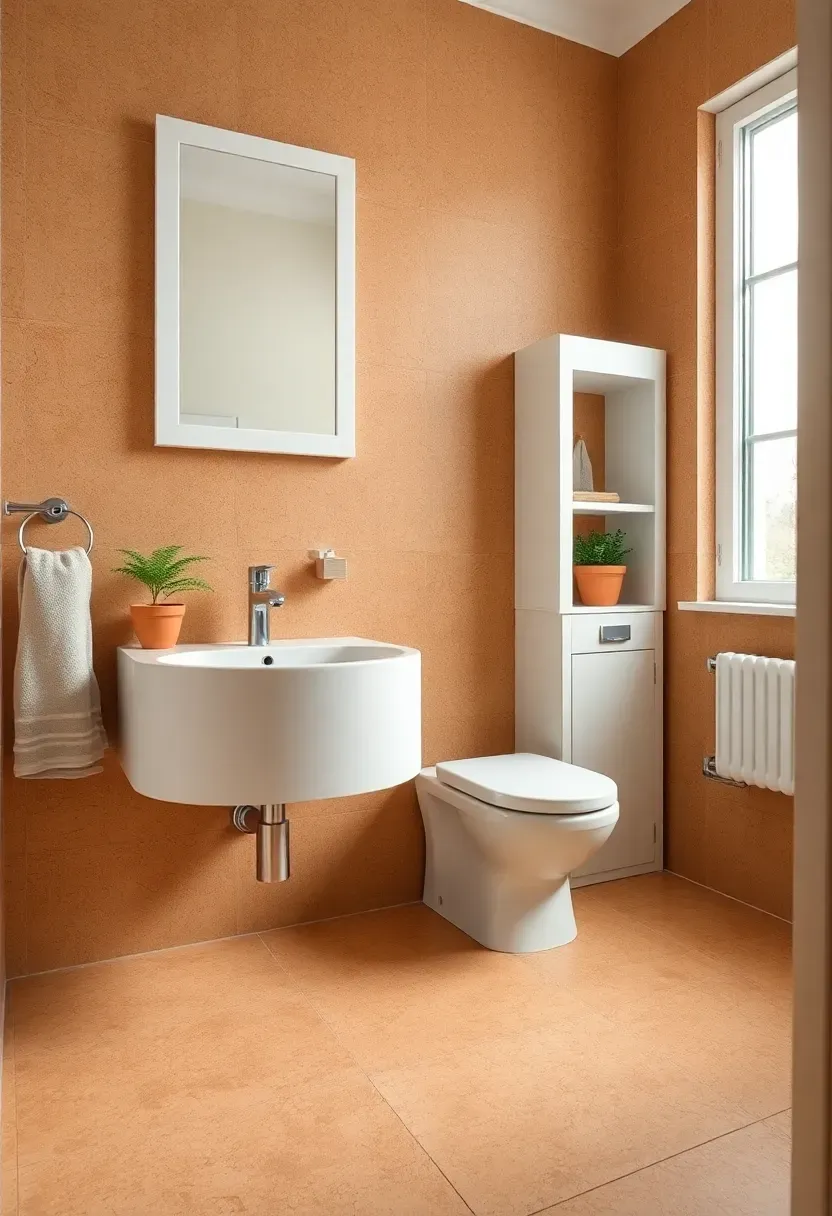Cork floor tiles in a natural honey brown tone in a warm Scandinavian style bathroom with white fixtures