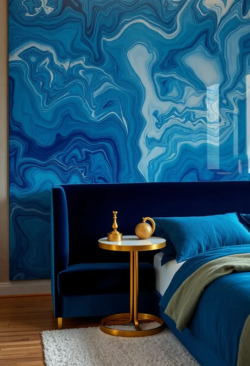 luxurious bedroom with a large poured resin art accent wall in swirling ocean blue and white tones behind a velvet upholstered bed with gold accents