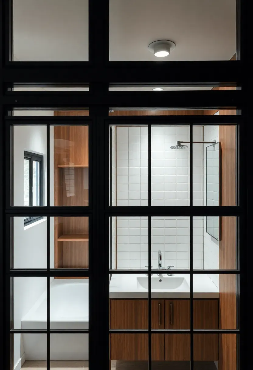 Black steel-framed glass partition wall separating a bathroom shower from the vanity area with warm wood accents
