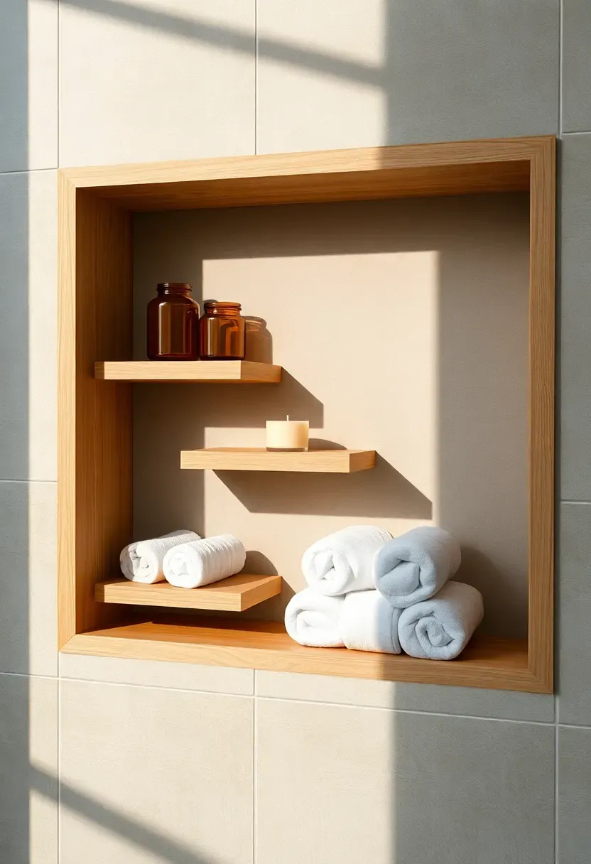 Recessed bathroom wall niche with floating wooden shelves holding jars candles and rolled towels
