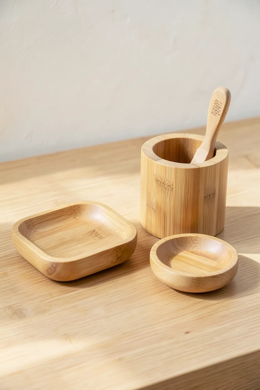 Minimalist bamboo soap dish, toothbrush holder, and small tray with natural honey-amber tones on a bathroom vanity