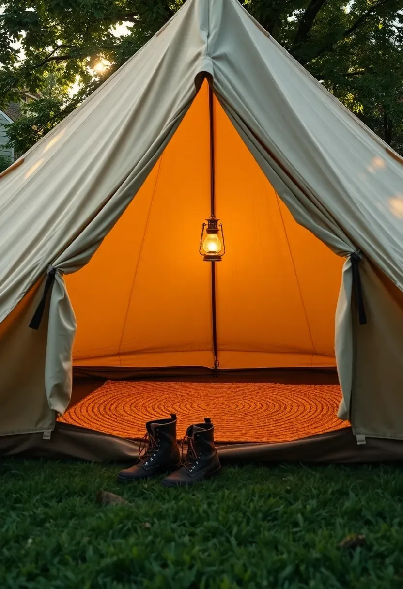 A large canvas bell tent set up on a green backyard lawn with a woven rug visible through the open entrance and warm interior lighting