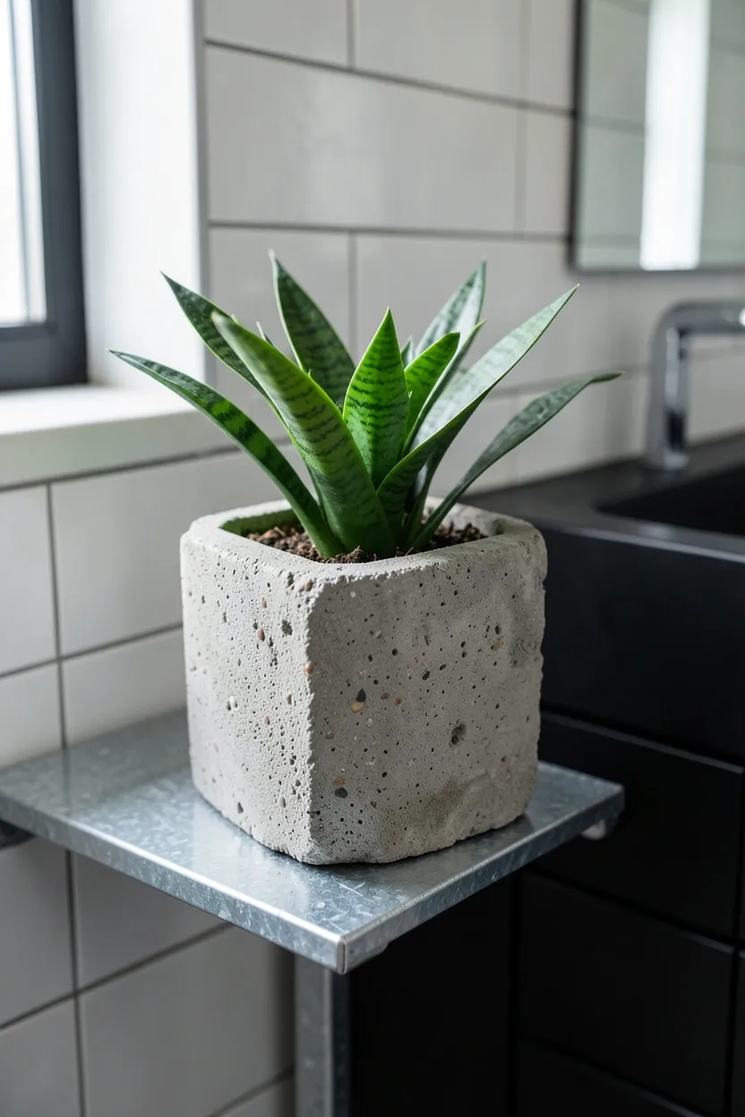 Hyper-realistic eye-level photograph of concrete planter with green bathroom plant on galvanized metal shelf. Rough gray concrete planter with visible aggregate texture, small snake plant with bright green leaves, galvanized metal shelf, subway tile wall, matte black vanity in background. Materials: rough gray concrete with natural aggregate, galvanized steel shelf, live snake plant, white ceramic tiles, matte black metal vanity. Natural light from window highlighting plant and concrete texture, living industrial atmosphere. Shallow depth of field, sharp details on concrete aggregate and plant leaves, balanced composition showing planter and shelf. No text, no logos, no watermarks.</p>