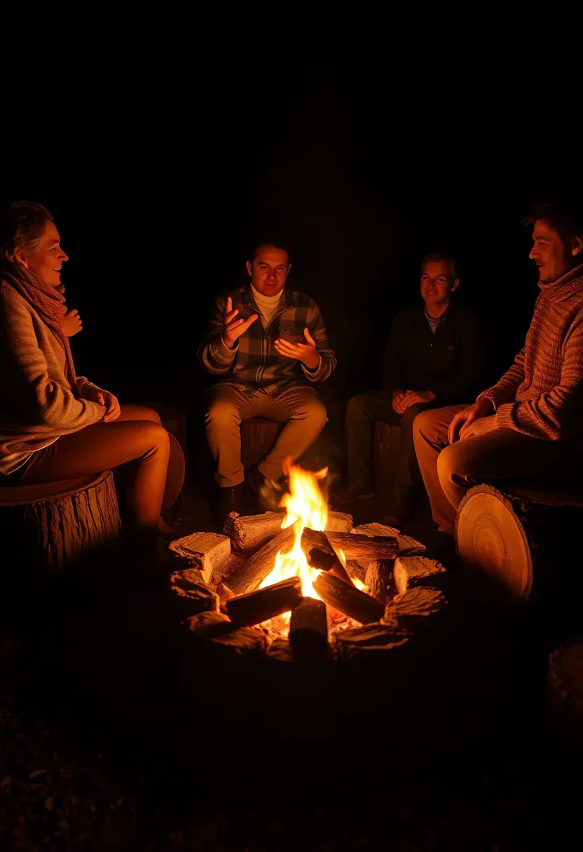 A circle of log-round seats arranged around a backyard fire pit at night with a family sitting and telling stories, warm firelight on their faces