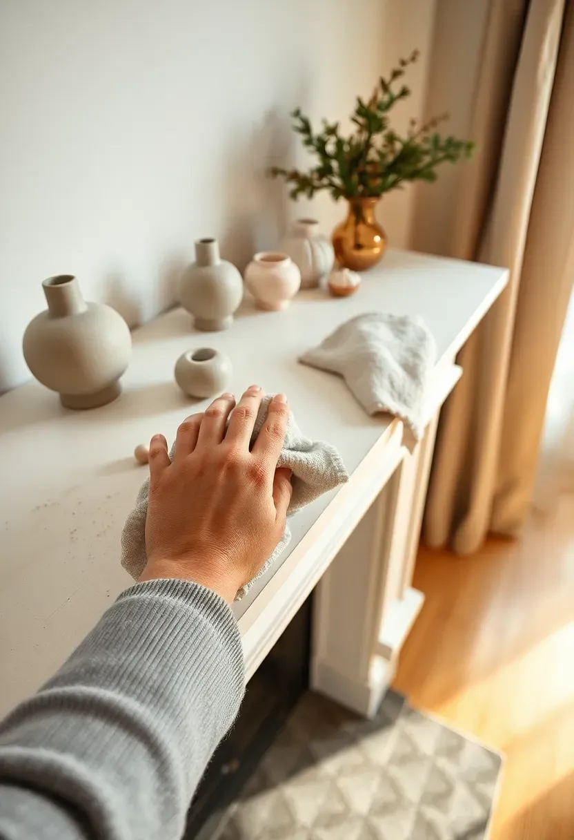 Hands clearing all objects from a white painted fireplace mantle in a bright living room, starting with a clean blank surface