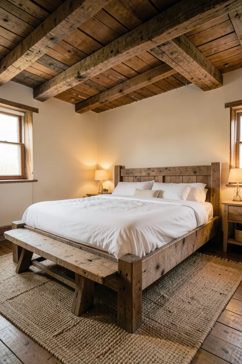 Rustic boho bedroom with reclaimed wood bed frame, handwoven rug, chunky knit throw, and vintage wooden trunk at the foot of the bed