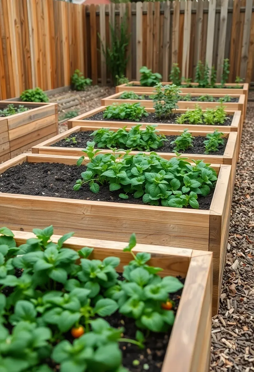 Grid of four raised cedar garden beds filled with vegetables and herbs in a renovated backyard space