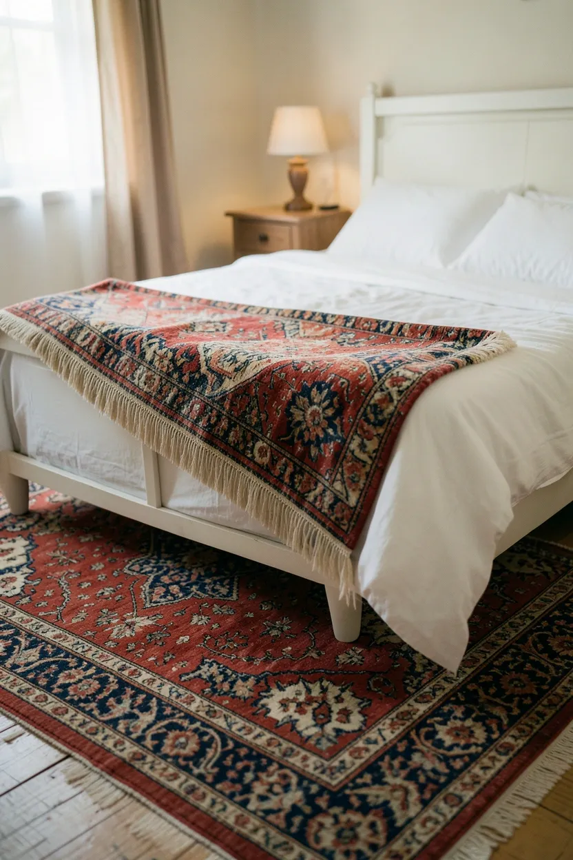 Boho bedroom with layered vintage Persian rug over a natural jute base rug, wood furniture, and neutral bedding in a warm small bedroom