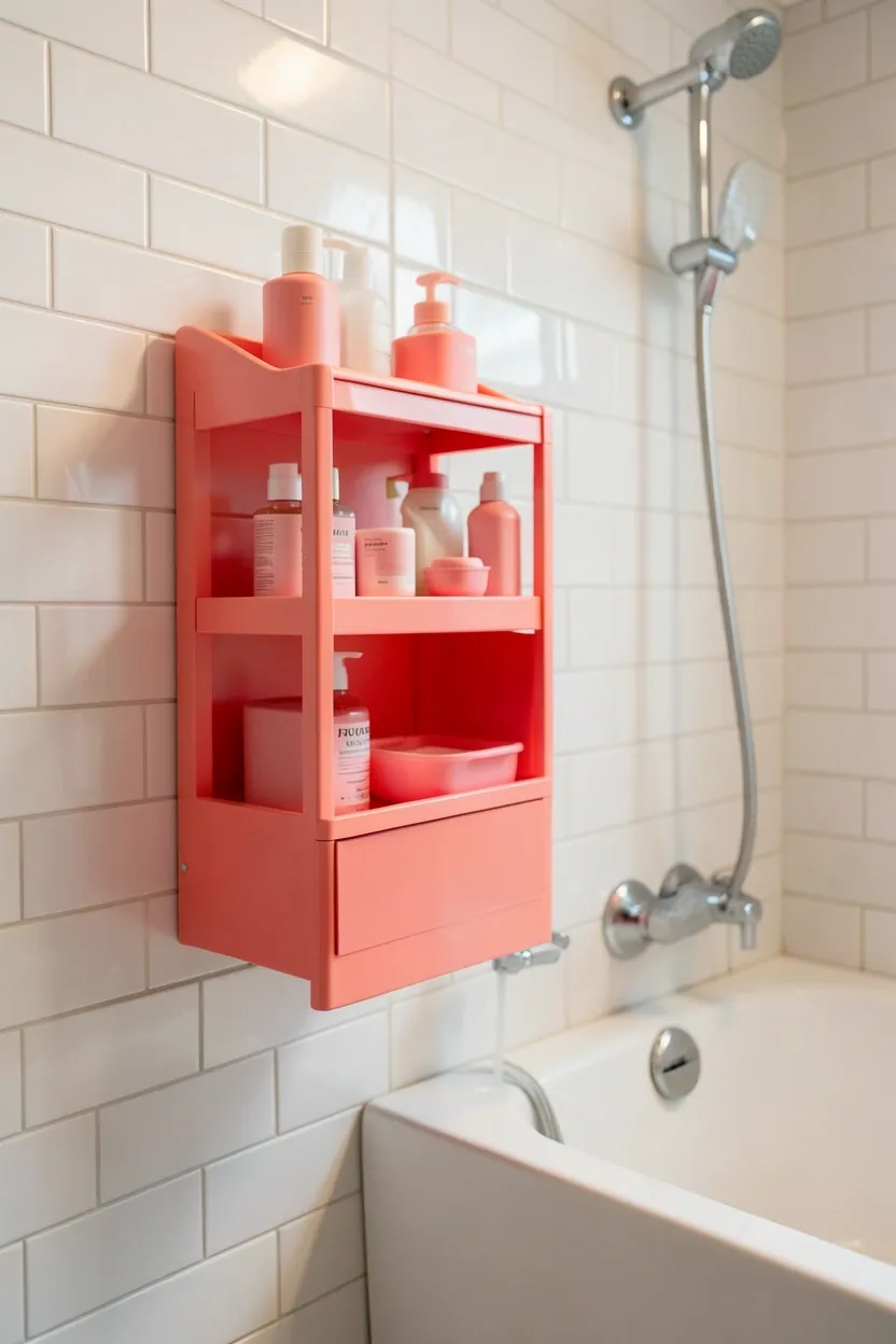 Coral acrylic bath caddy hanging over shower head with shampoo, soap, and loofah in apartment bathroom