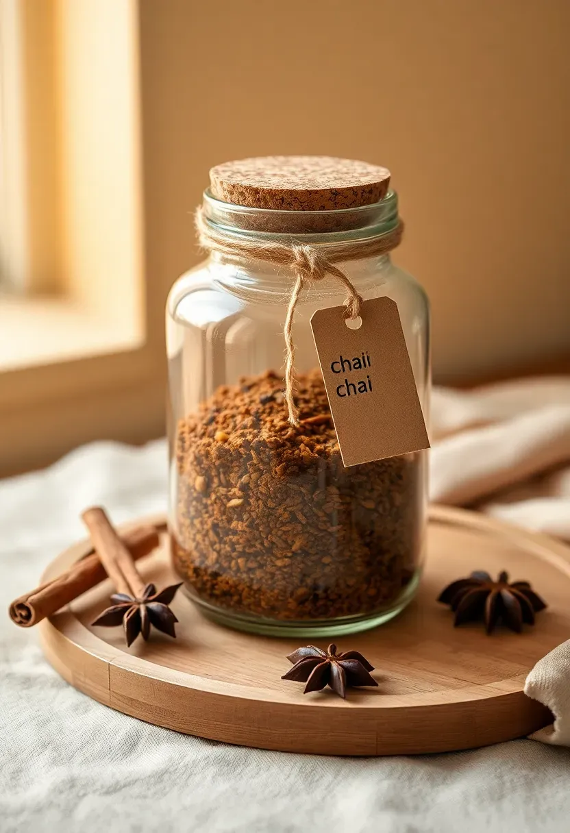 glass jar filled with spiced chai mix tied with twine and a kraft paper label on a wooden tray