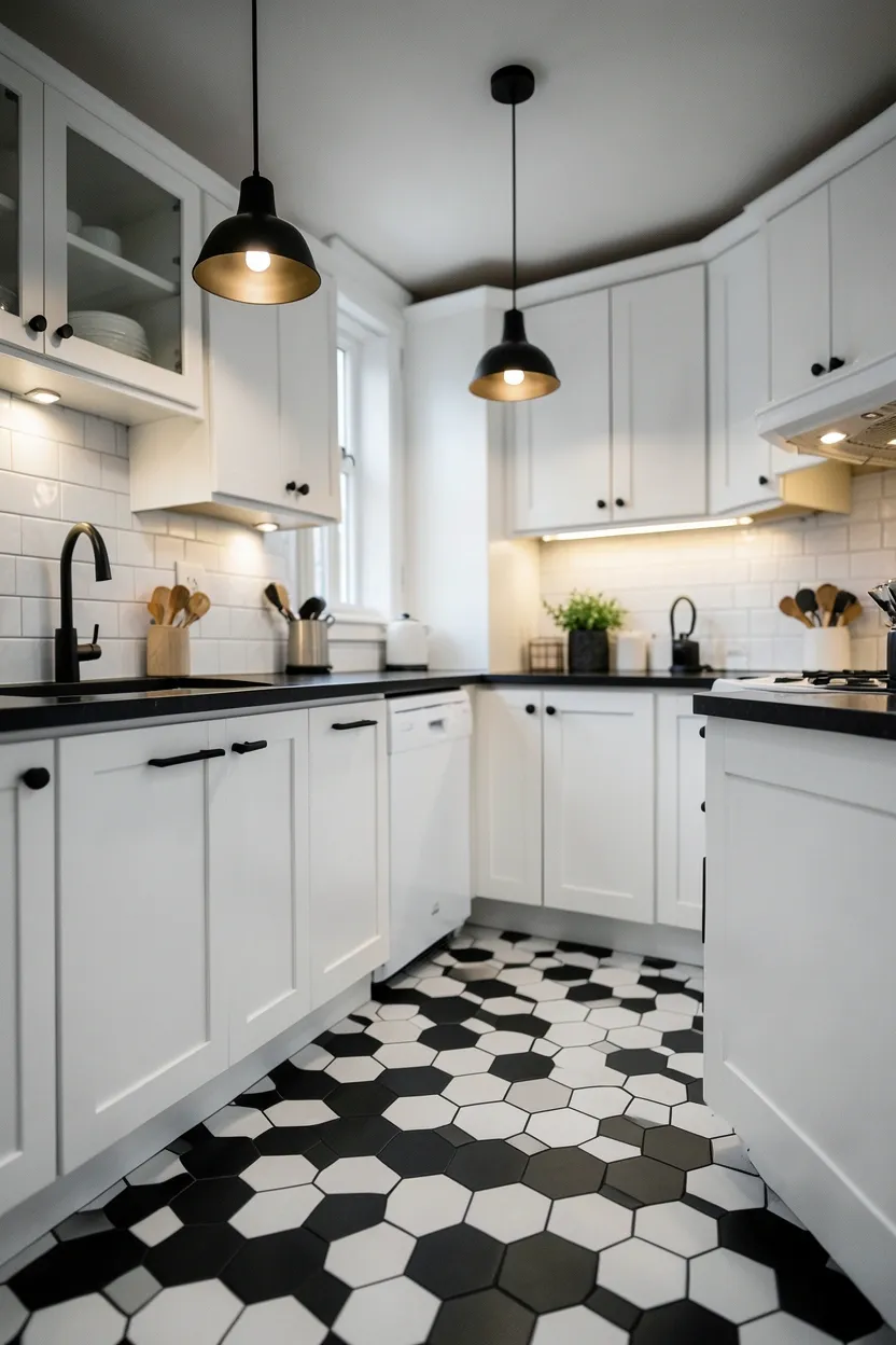 Open-plan kitchen with black waterfall island surrounded by white perimeter cabinets, black pendant lights above the island in a bright cooking space