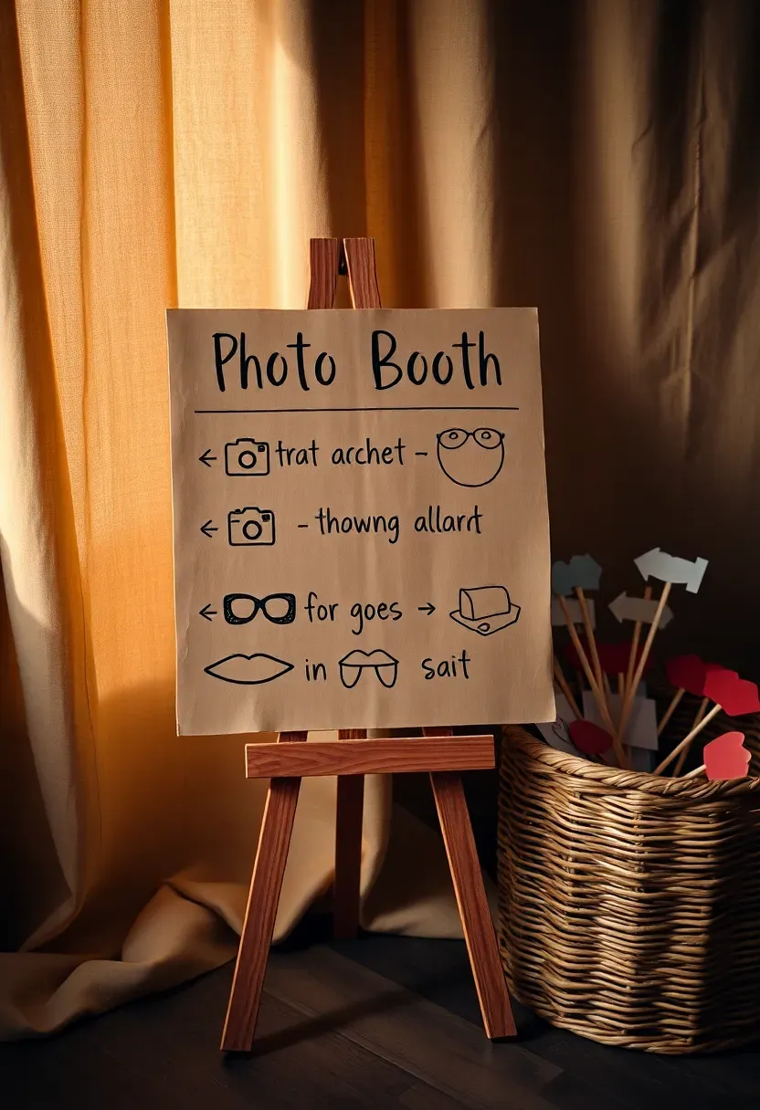 photo booth direction board at a baby shower with arrows pointing to props and a sign reading grab a prop and strike a pose with illustrated camera icons on kraft paper