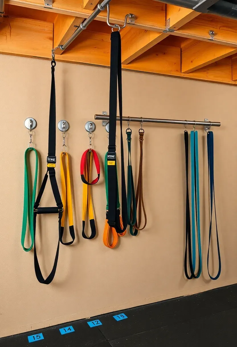 Basement wall with TRX suspension straps, resistance bands on hooks, and pull-up bar mounted to ceiling joist, bodyweight circuit stations marked on the floor