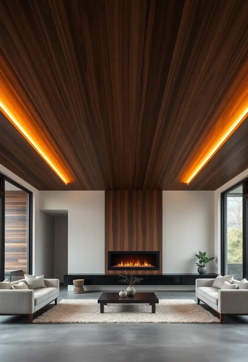 Living room with a dramatic wood-paneled ceiling featuring warm walnut slats, recessed lighting, and a modern fireplace below