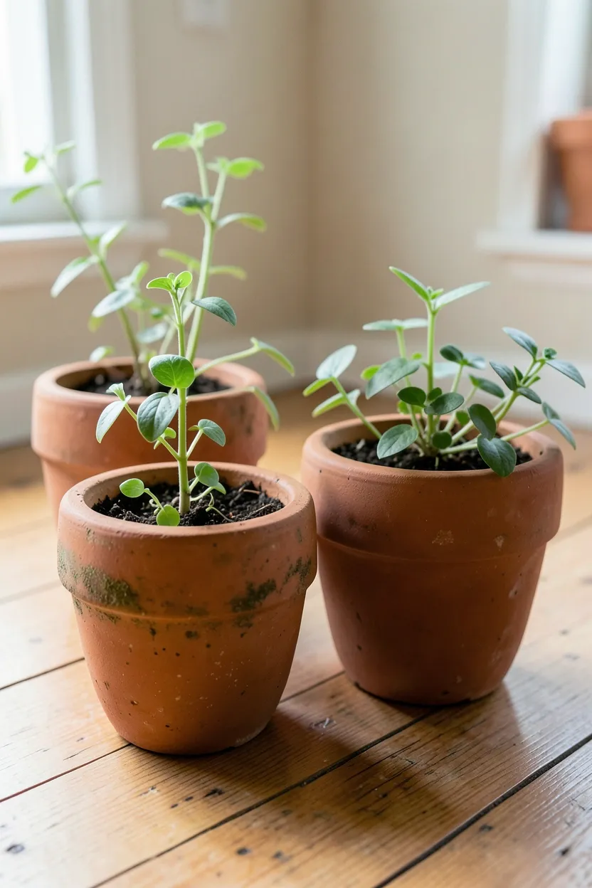 Grouped terracotta plant pots with pothos and succulents adding warm orange-brown tones to a wabi sabi living room corner