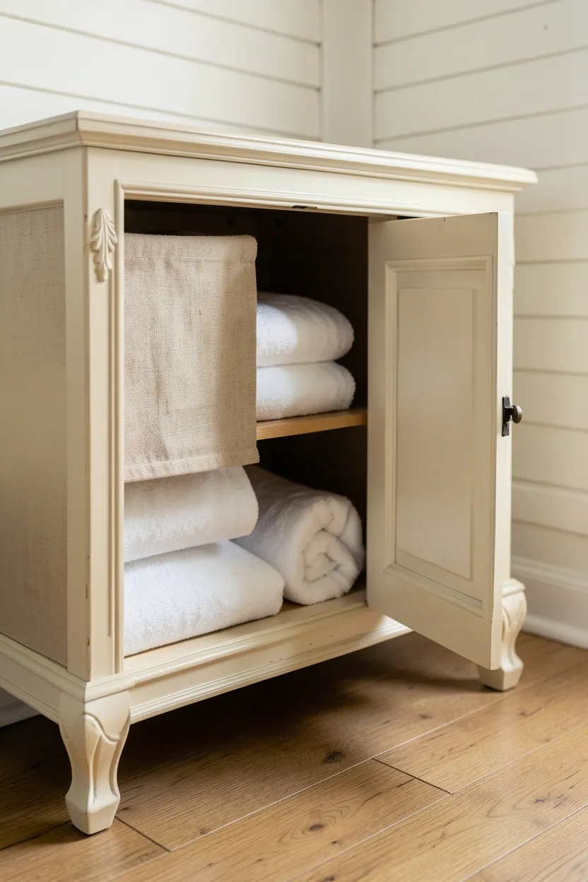 Cream-painted beadboard linen cabinet with farmhouse hardware storing rolled towels in a small rental bathroom