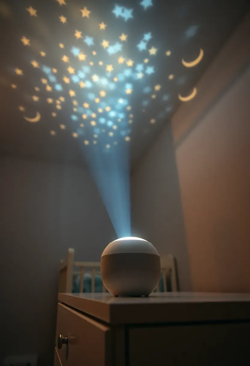 nursery ceiling projector casting soft star and moon light patterns in a dim baby room at night