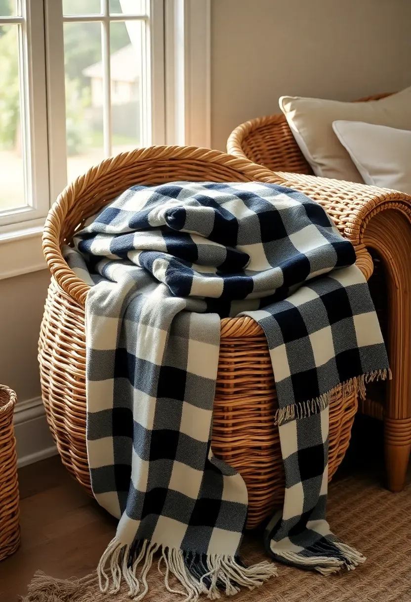 Large woven seagrass basket overflowing with buffalo check flannel throws in black and cream beside a wicker sofa in a farmhouse sunroom