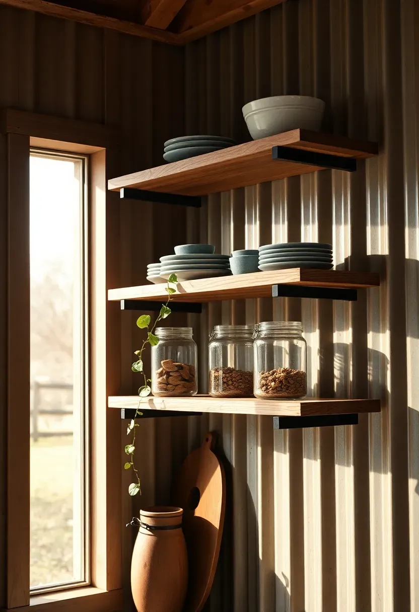 open black steel shelving unit holding dishes and jars in a barndominium kitchen