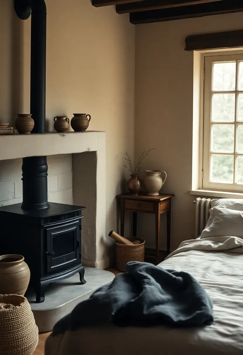 Coal fireplace nook with handmade pottery