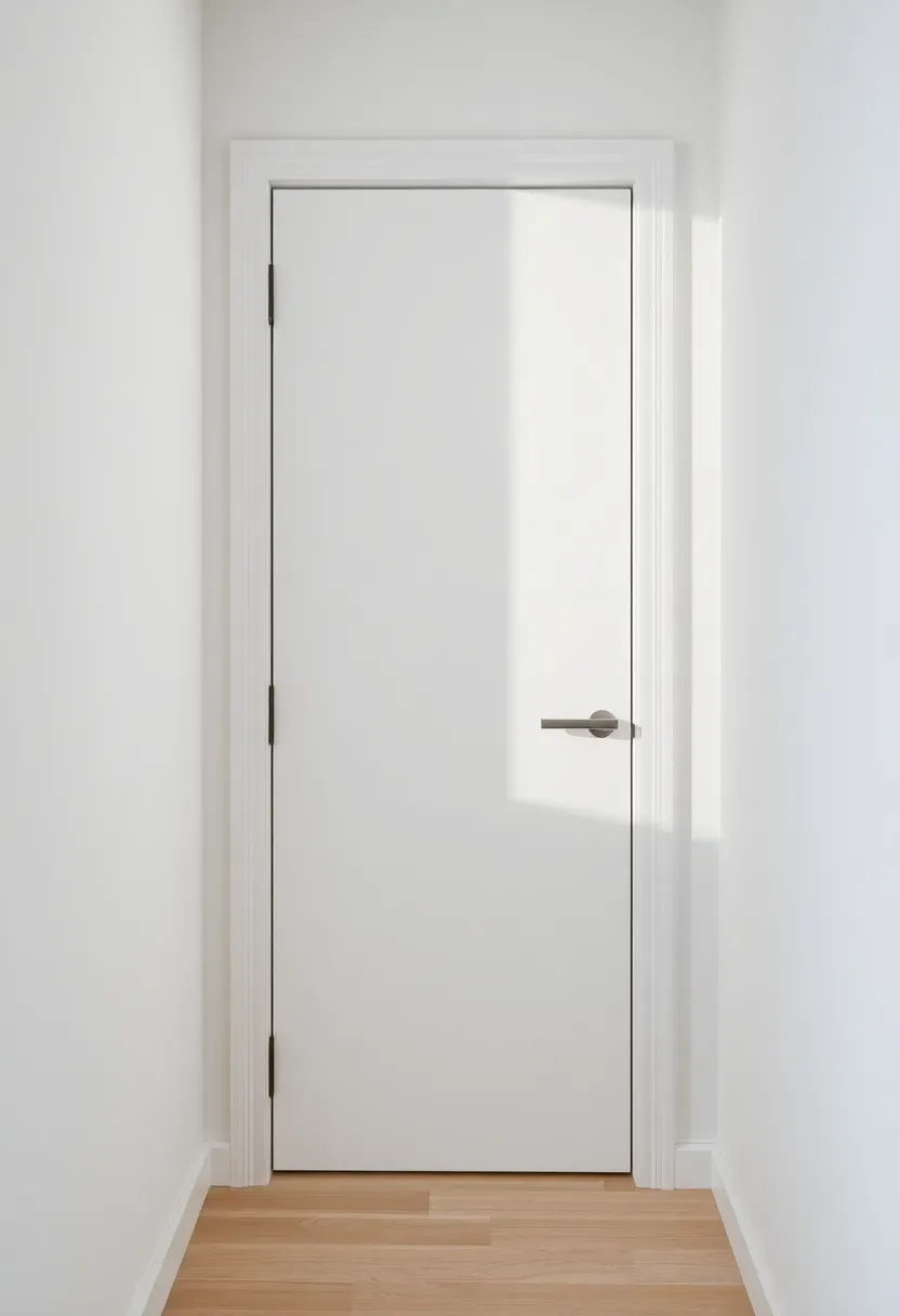Sleek white lacquered pocket door partially recessed into wall with brushed nickel pull handle