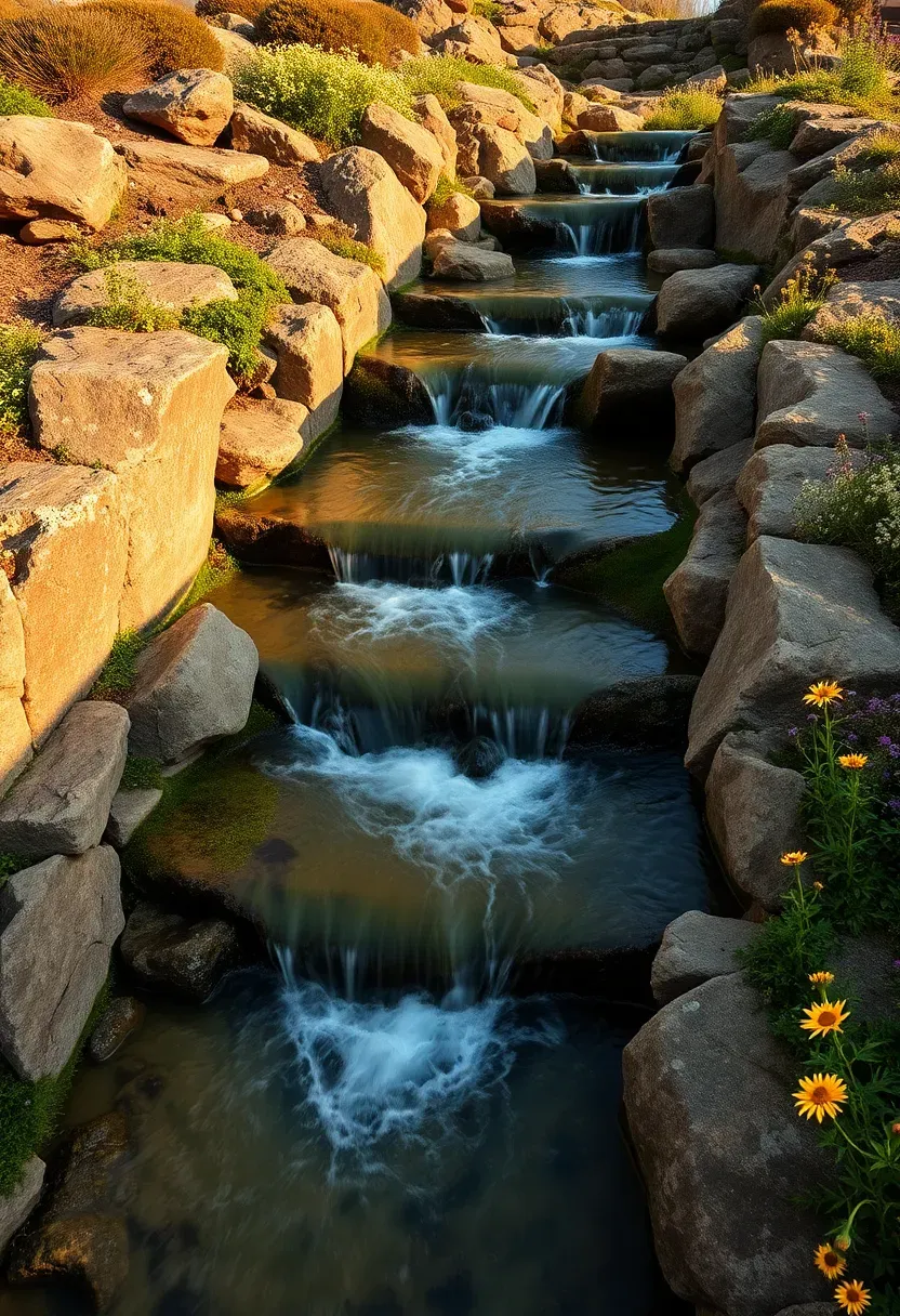Hillside cascade pond with water flowing down a rocky slope through multiple small pools, native plantings along both sides