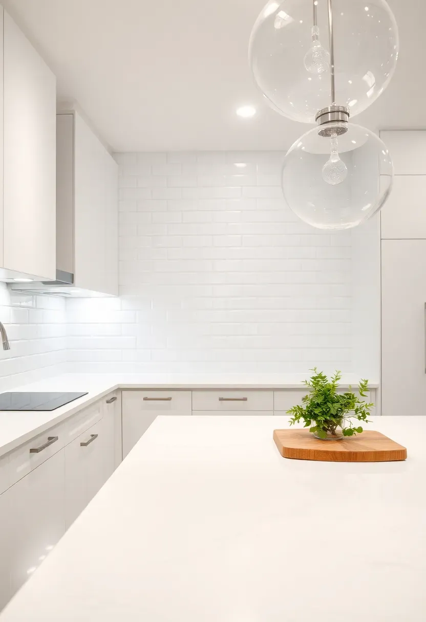 Bright white basement kitchen with glossy subway tile backsplash, white quartz counters, glass pendant lights, and reflective surfaces throughout