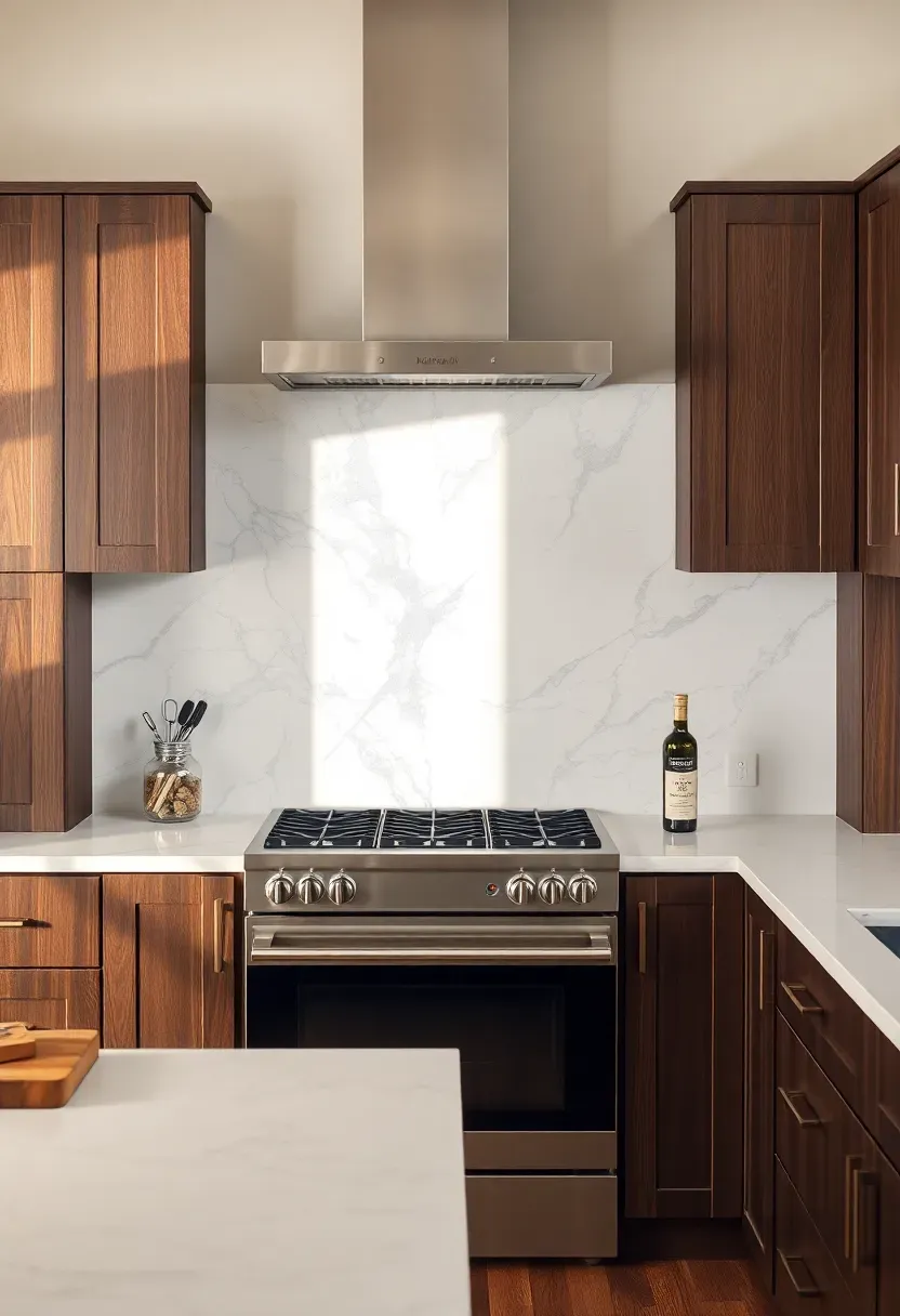white marble slab backsplash in kitchen with dark espresso cabinets and white quartz countertops
