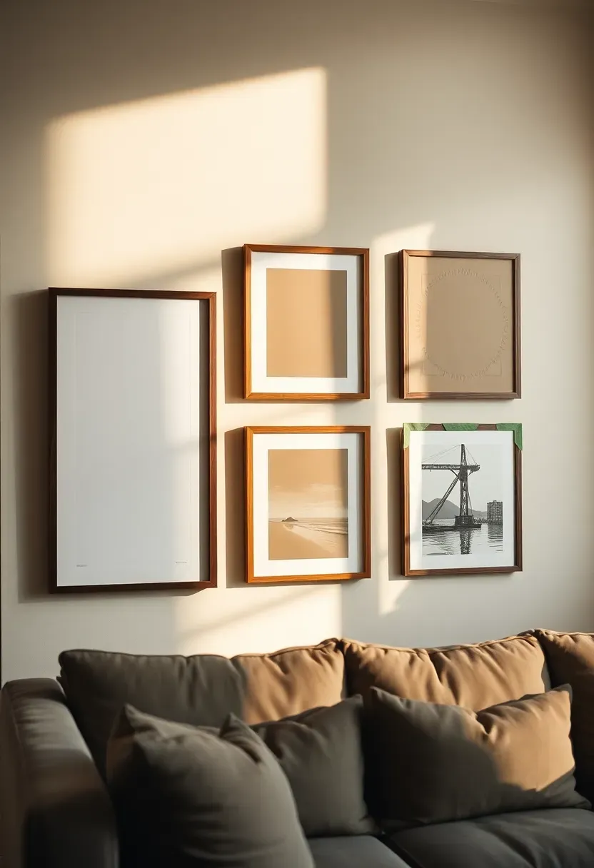 Gallery wall in progress — four frames hung on warm cream wall, two more leaning against wall not yet hung, kraft paper template still visible on right section, afternoon light