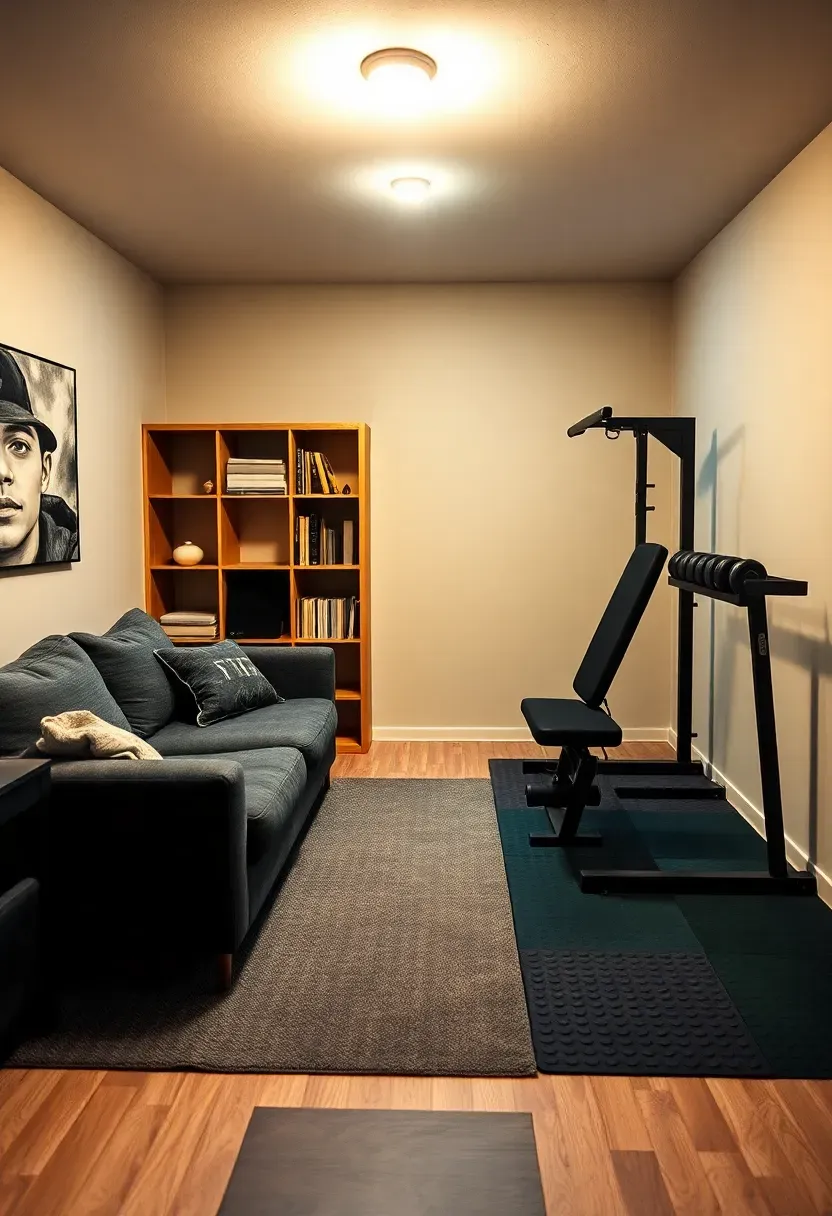basement combo room with sectional sofa on one side and compact home gym equipment on the other