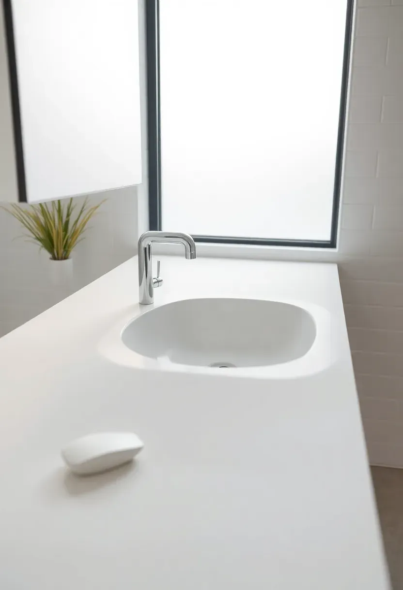 Seamless white Corian solid surface bathroom countertop with integrated basin and no visible seams