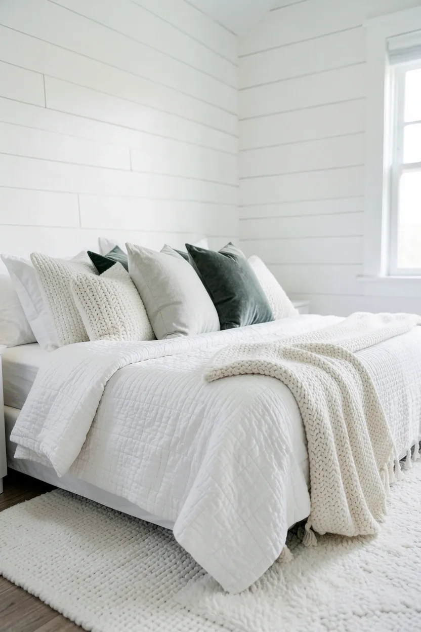 White bedroom layered with textured shiplap wall, quilted coverlet, knitted throw pillows, and velvet cushions — monochromatic texture bedroom