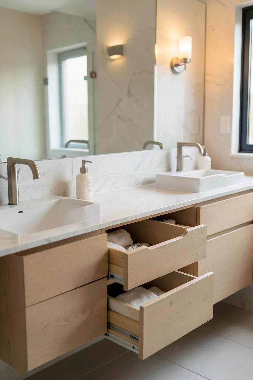 Wide double vanity with his and her undermount sinks, brushed nickel fixtures, and symmetrical pendant lighting