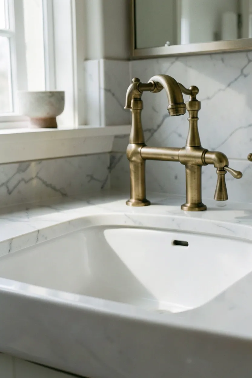 Hyper-realistic eye-level photograph of an elegant kitchen sink with a bridge-style brass faucet. The faucet features a horizontal bridge connecting the hot and cold handles, creating a distinctive architectural profile. The brass has a living finish that shows natural patina. The sink is a white farmhouse apron-front sink. Marble countertops surrounding the sink. Natural light streaming in and reflecting off the brass. Materials: unlacquered brass, white ceramic, marble. Traditional elegant mood. Sharp focus on the bridge detail and brass texture. No text, no logos, no watermarks.</p>
