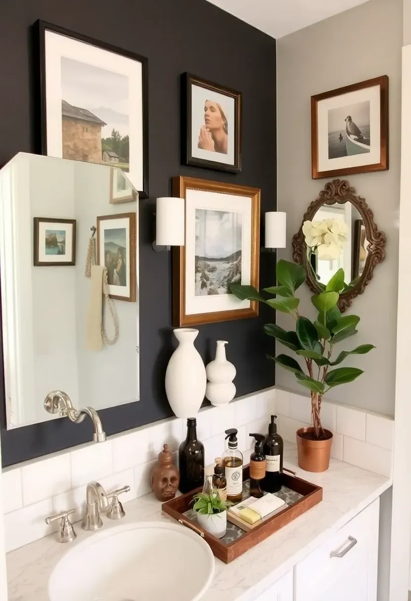 Framed botanical print gallery wall above the toilet with ceramic vase and apothecary jars in a personalized bathroom